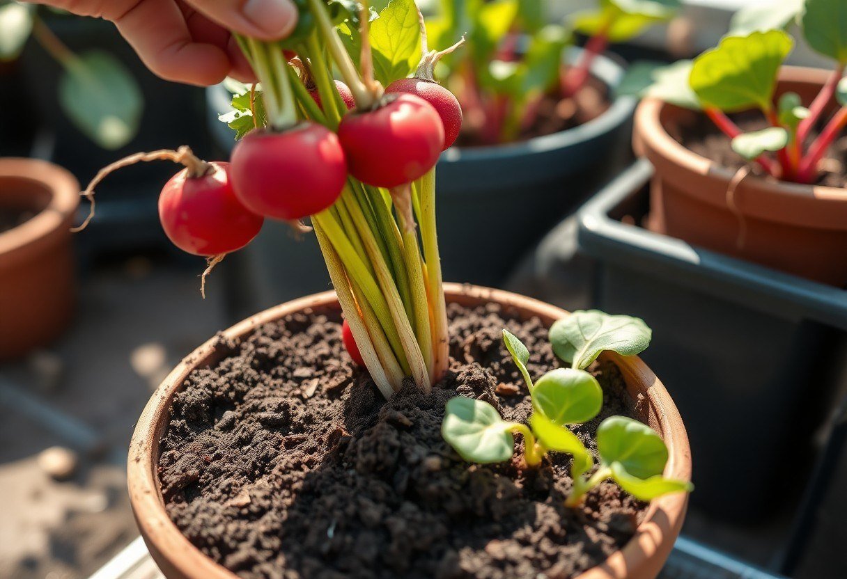 Close-up of red radish roots being pulled from moist soil in a small pot