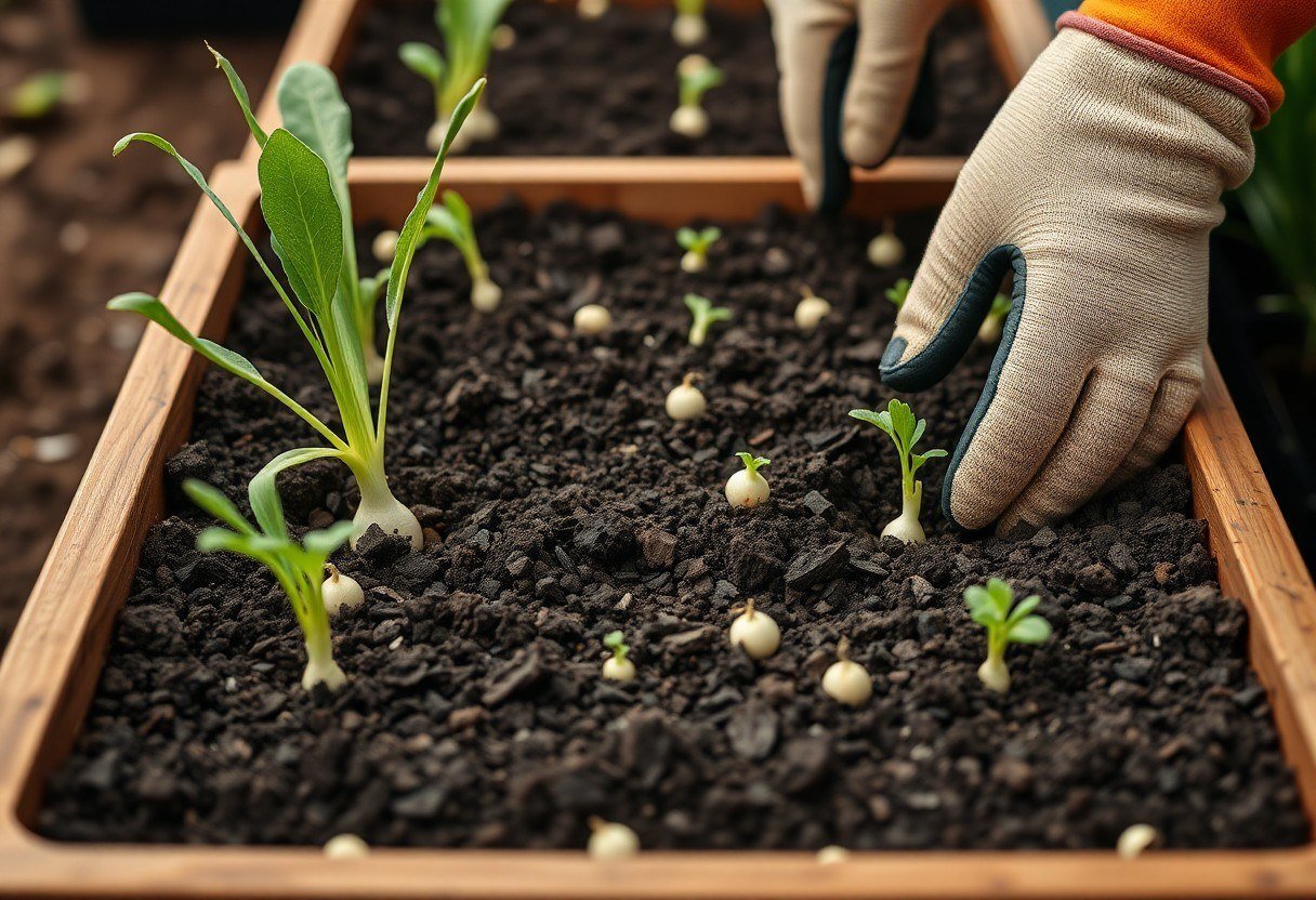 Radish seeds being planted in lines within a rectangular pot filled with dark agricultural soil