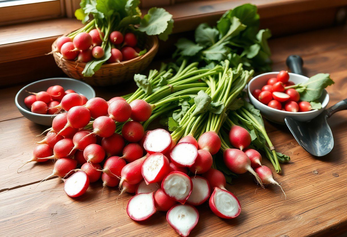 Harvested radish placed on a wooden table next to a small garden rake and a bowl of fresh radish