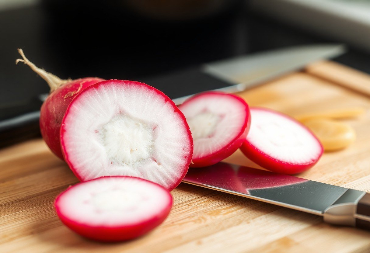 Cross-section of a red radish showing the white interior and red exterior on a cutting board with a knife