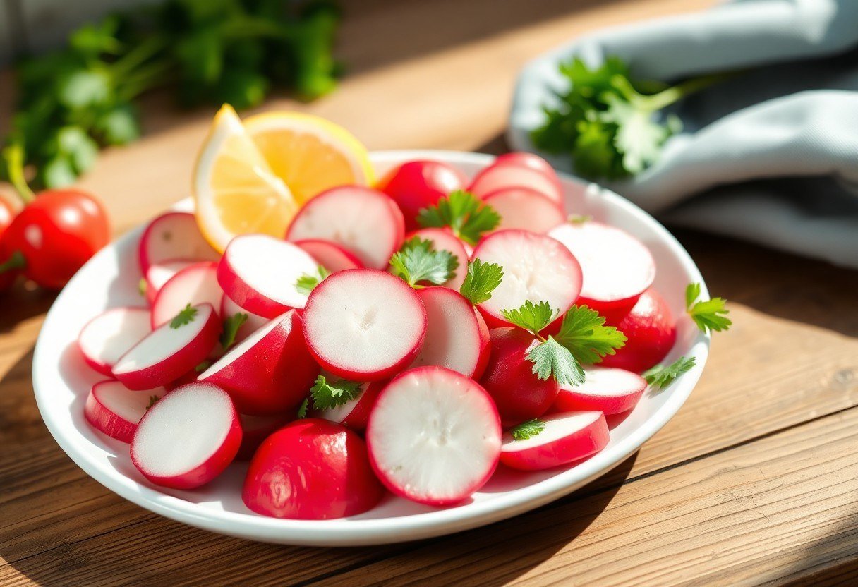 A plate of fresh radish salad with radish slices, parsley, and lemon slices on a wooden table
