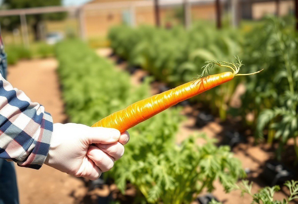 A hand holding a long carrot in a sunny garden