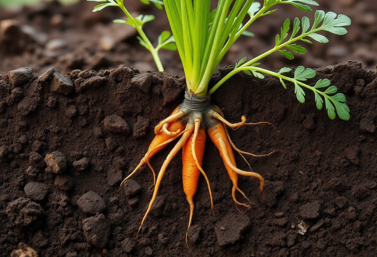 Soil layers with carrot plant roots growing in deep soil