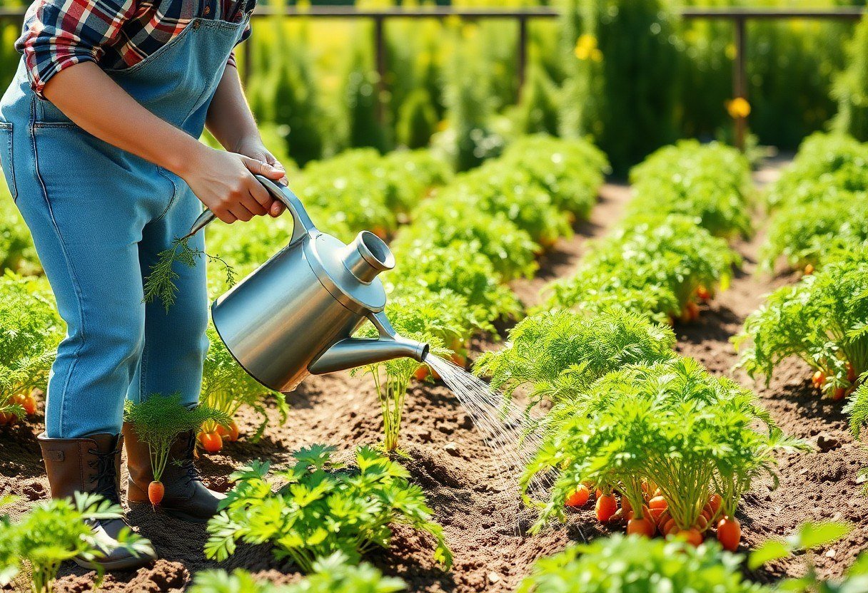A gardener watering carrot plants