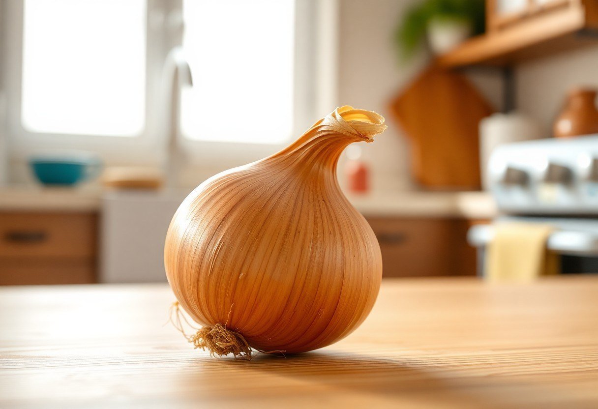 An old kitchen onion that has sprouted green stems