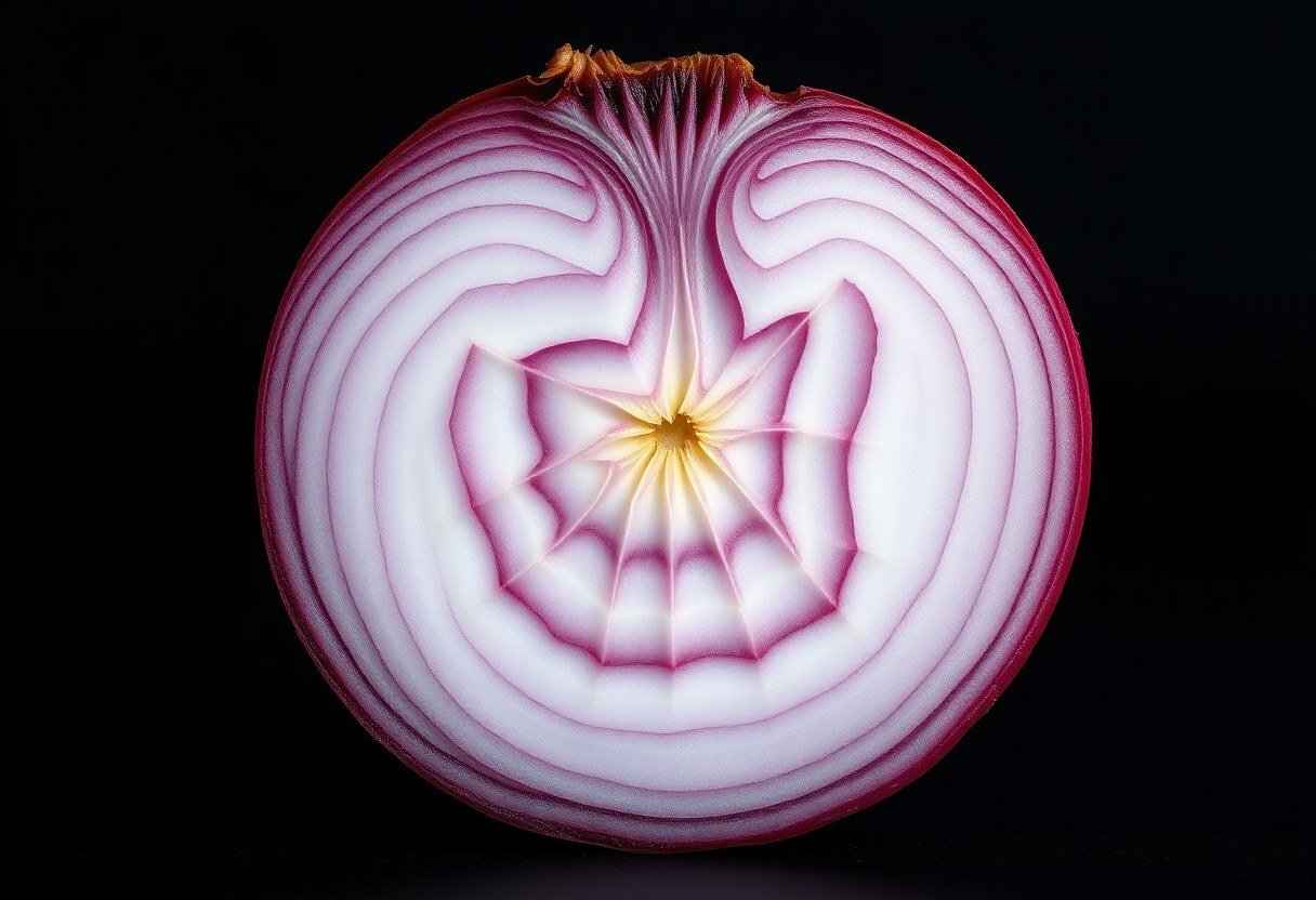 Cross-section of a red onion showing the inner growth core