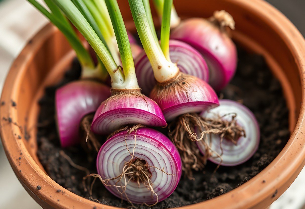 Divided onion sections with their roots ready for planting