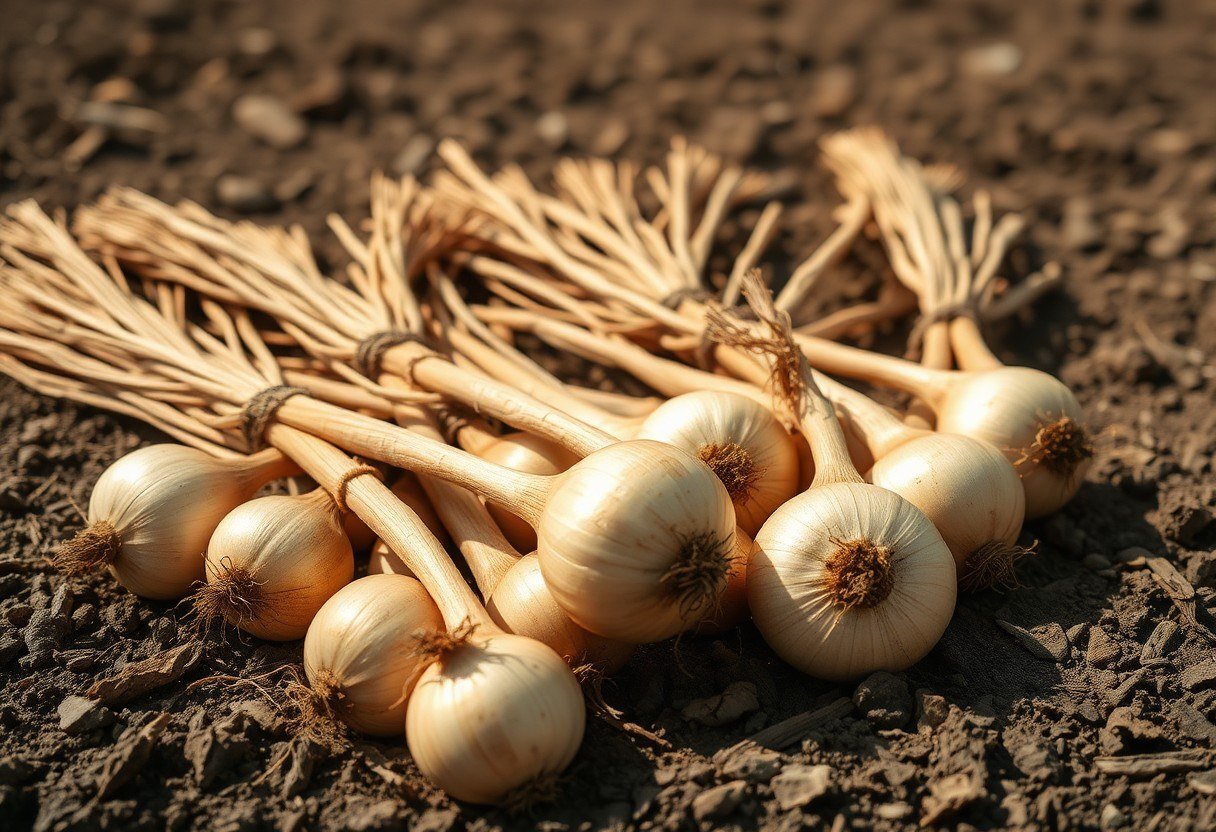 Fresh onion harvest being sun-cured to dry the necks