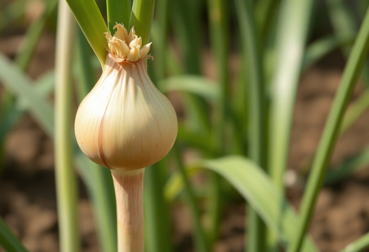 A flower stalk emerging from the heart of an onion in the garden