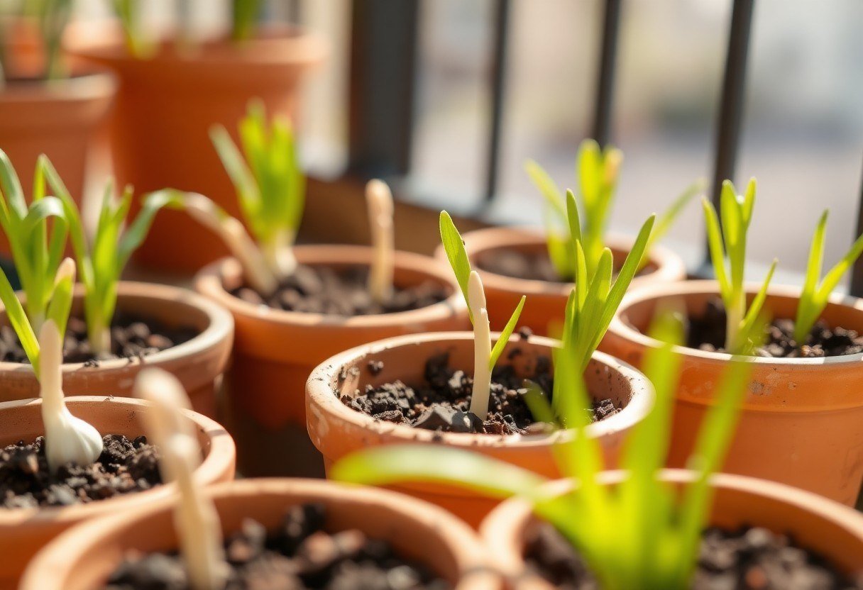 Garlic cloves planted in terracotta pots on a sunny balcony beginning to sprout