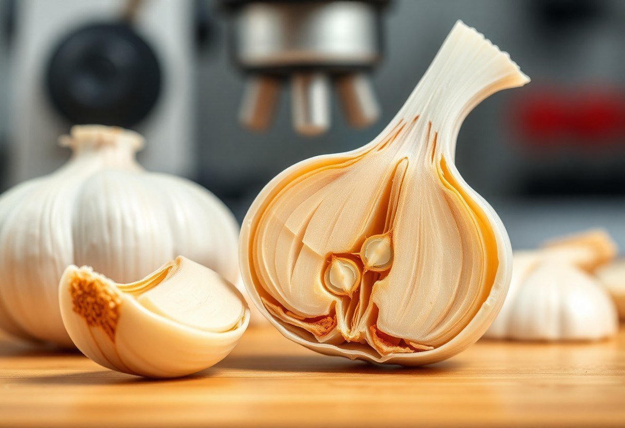 Cross-section of a garlic clove showing the allicin chemical structure under a microscope