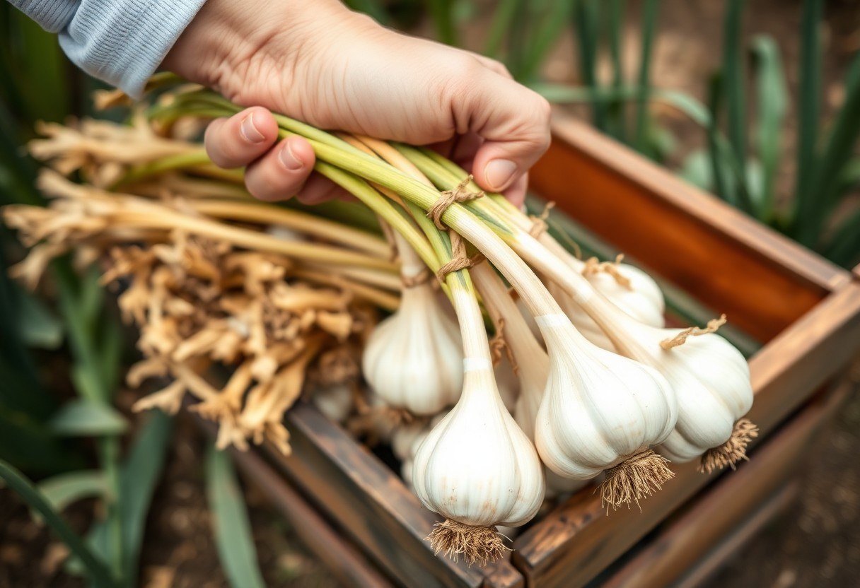 Hand holding fresh garlic heads after harvest with dry leaves on a wooden box