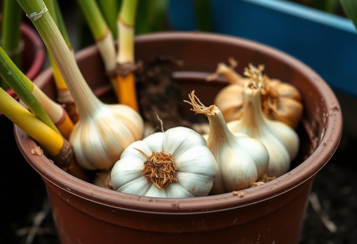 Common mistakes in garlic growing: overwatered pot with yellow leaves and rotten bulbs