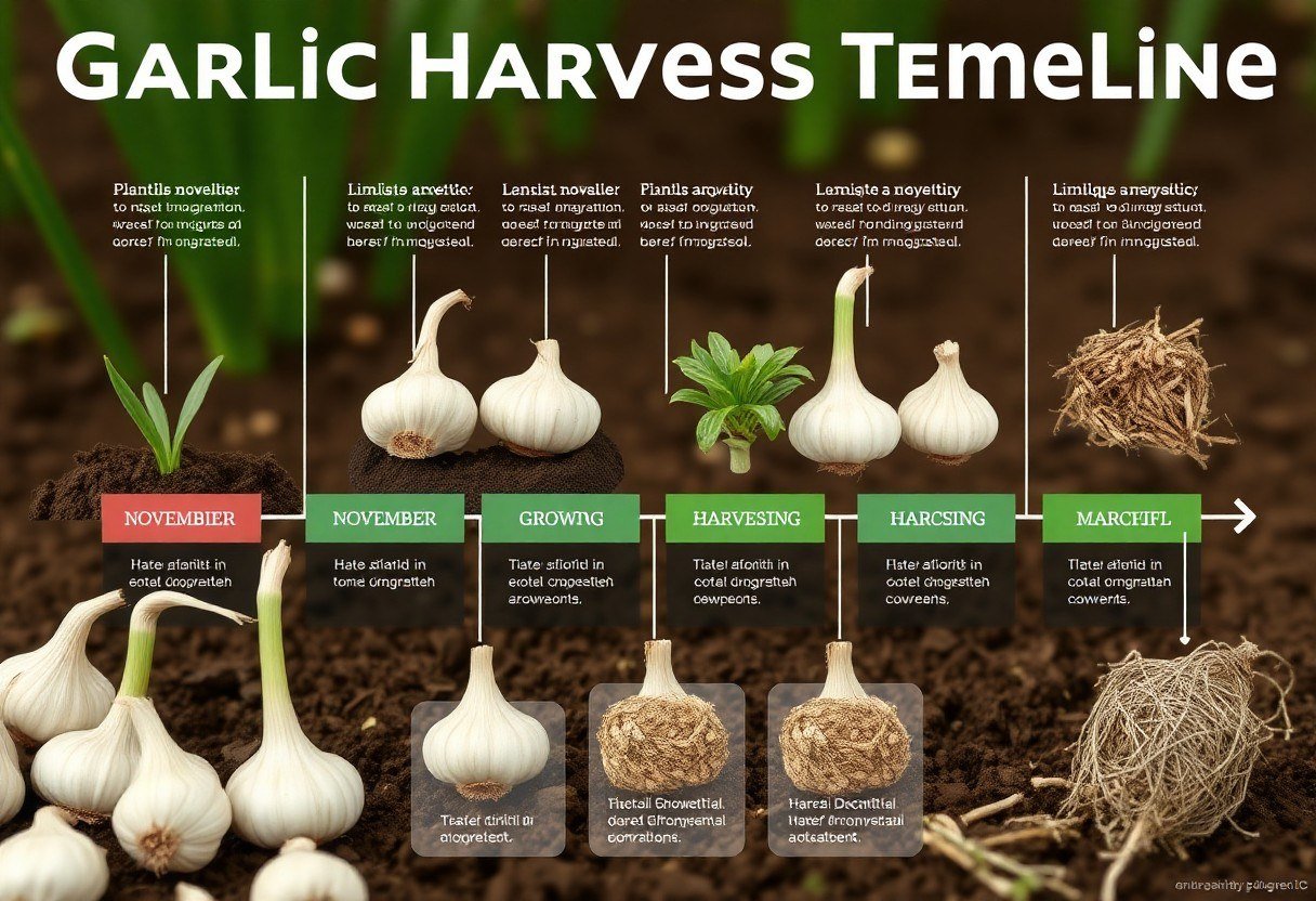 Timeline graphic for garlic harvest: planting in November, growth in December–February, harvest in March–April