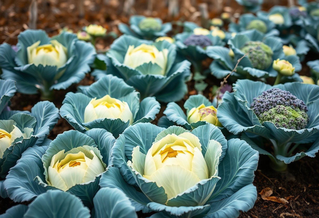 A winter garden with cabbage and cauliflower plants