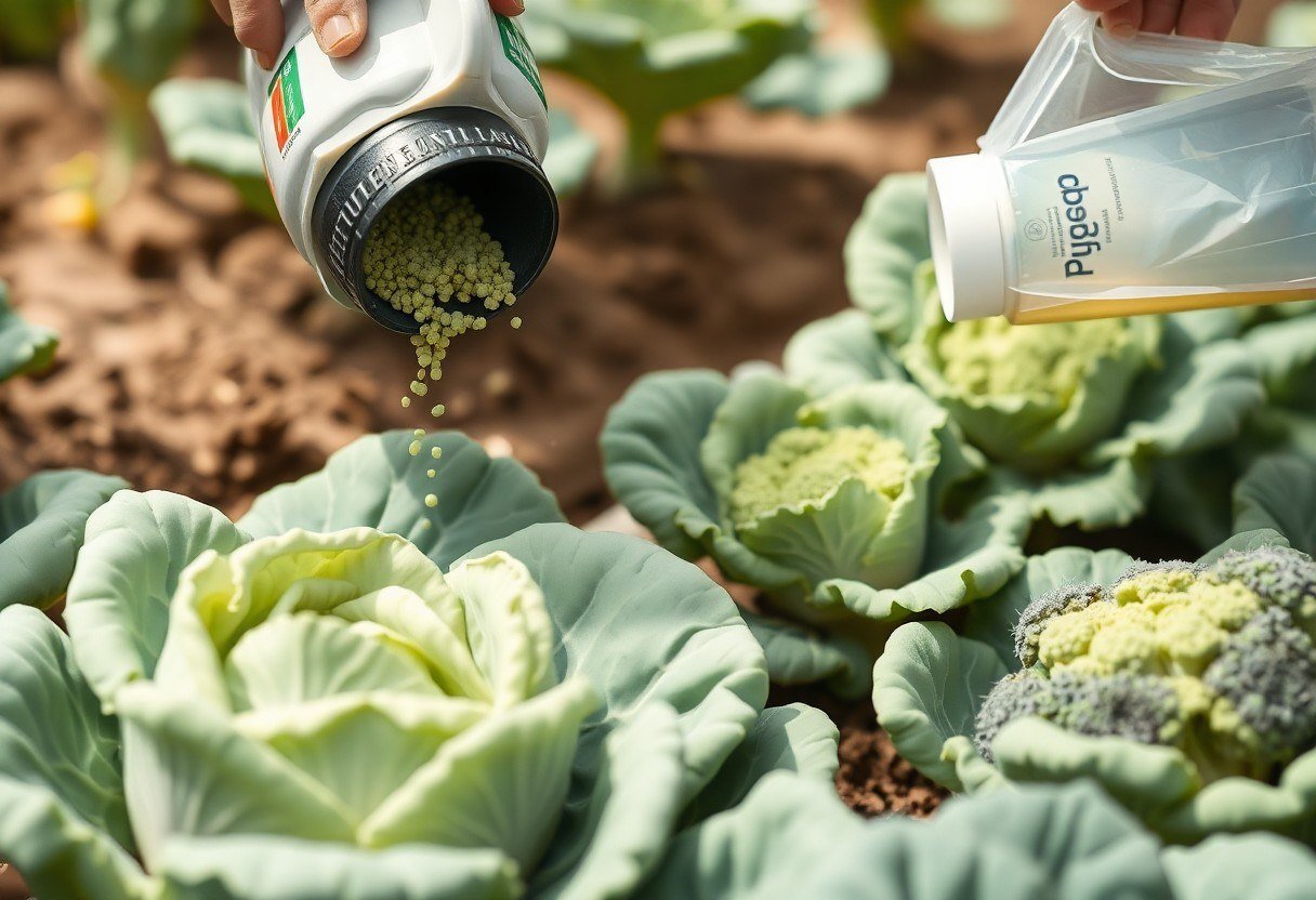 Applying fertilizer to cabbage and cauliflower plants