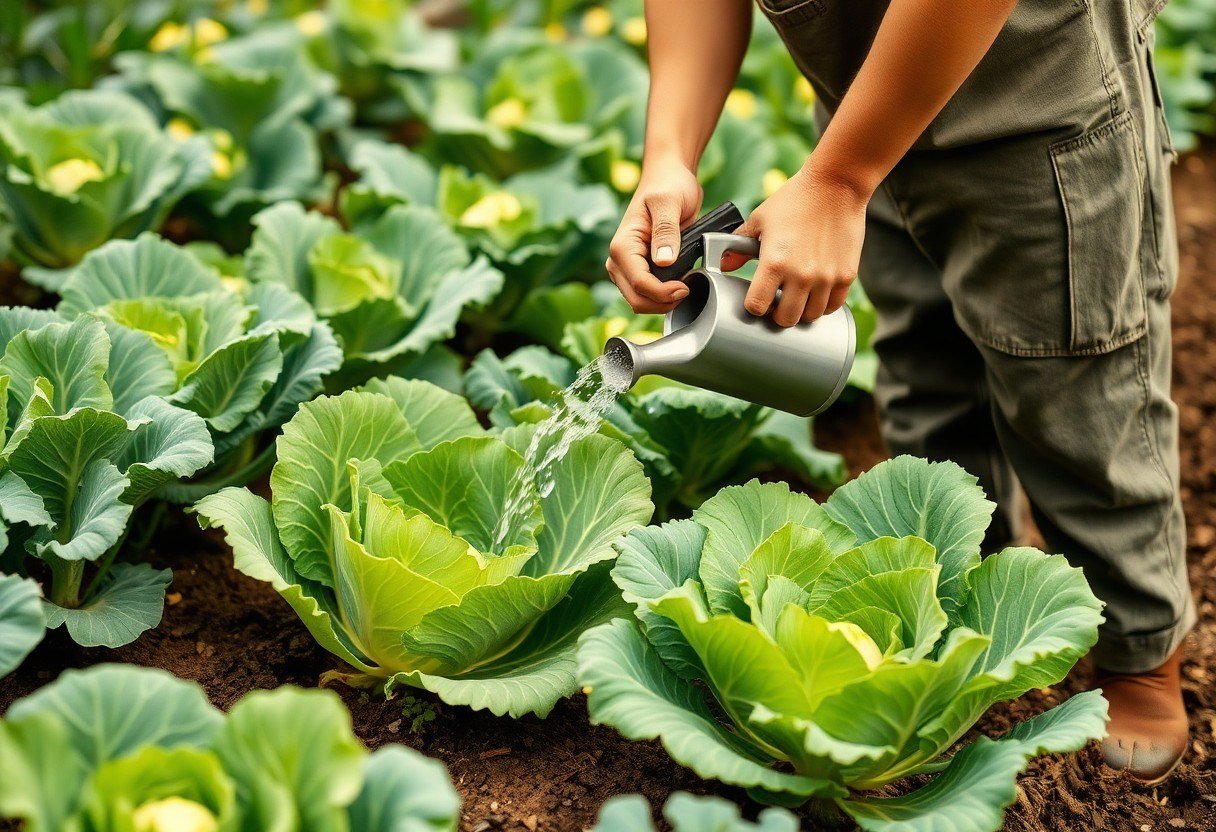 A gardener watering cabbage and cauliflower plants