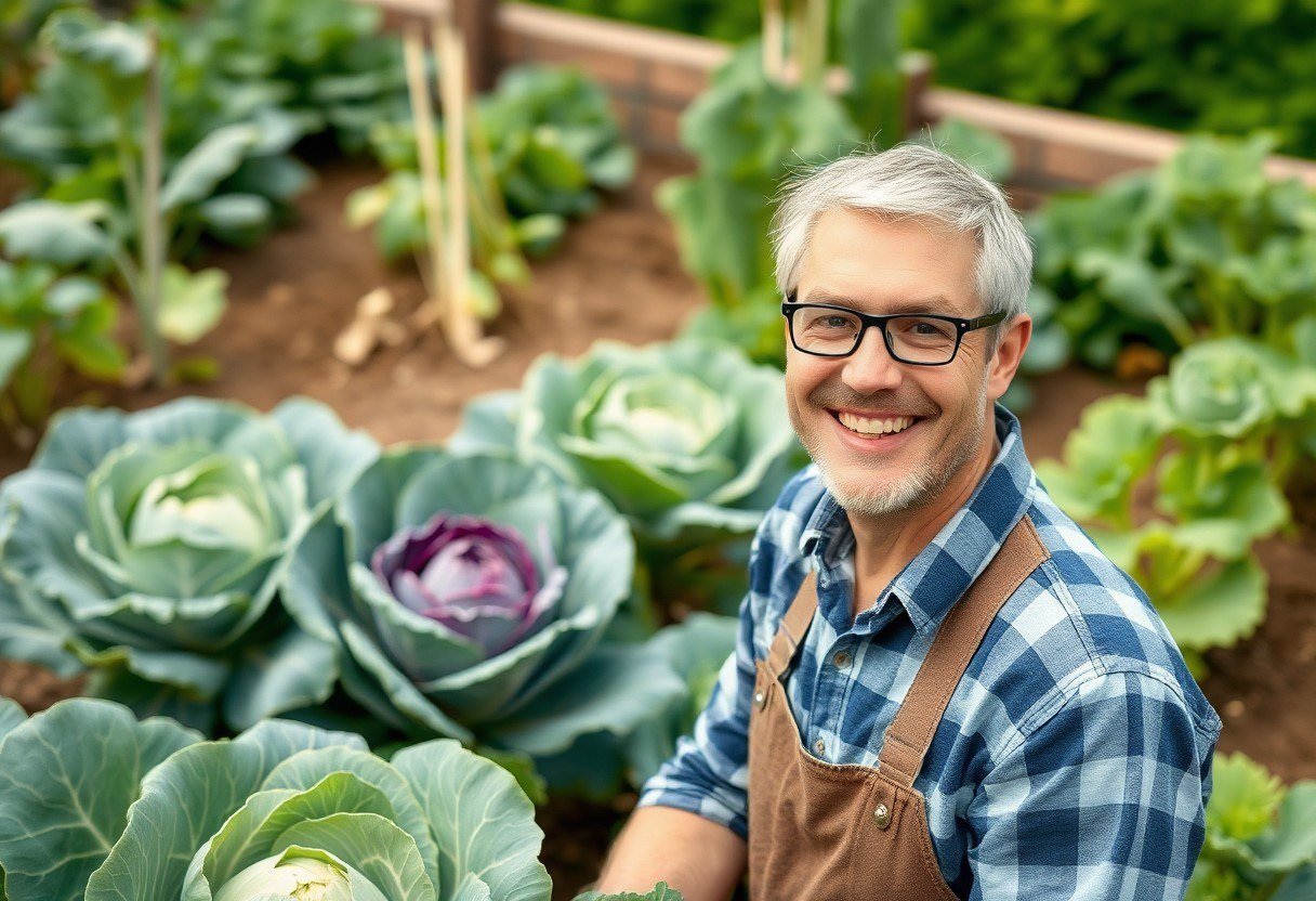 A smiling gardener in a garden with cabbage and cauliflower plants