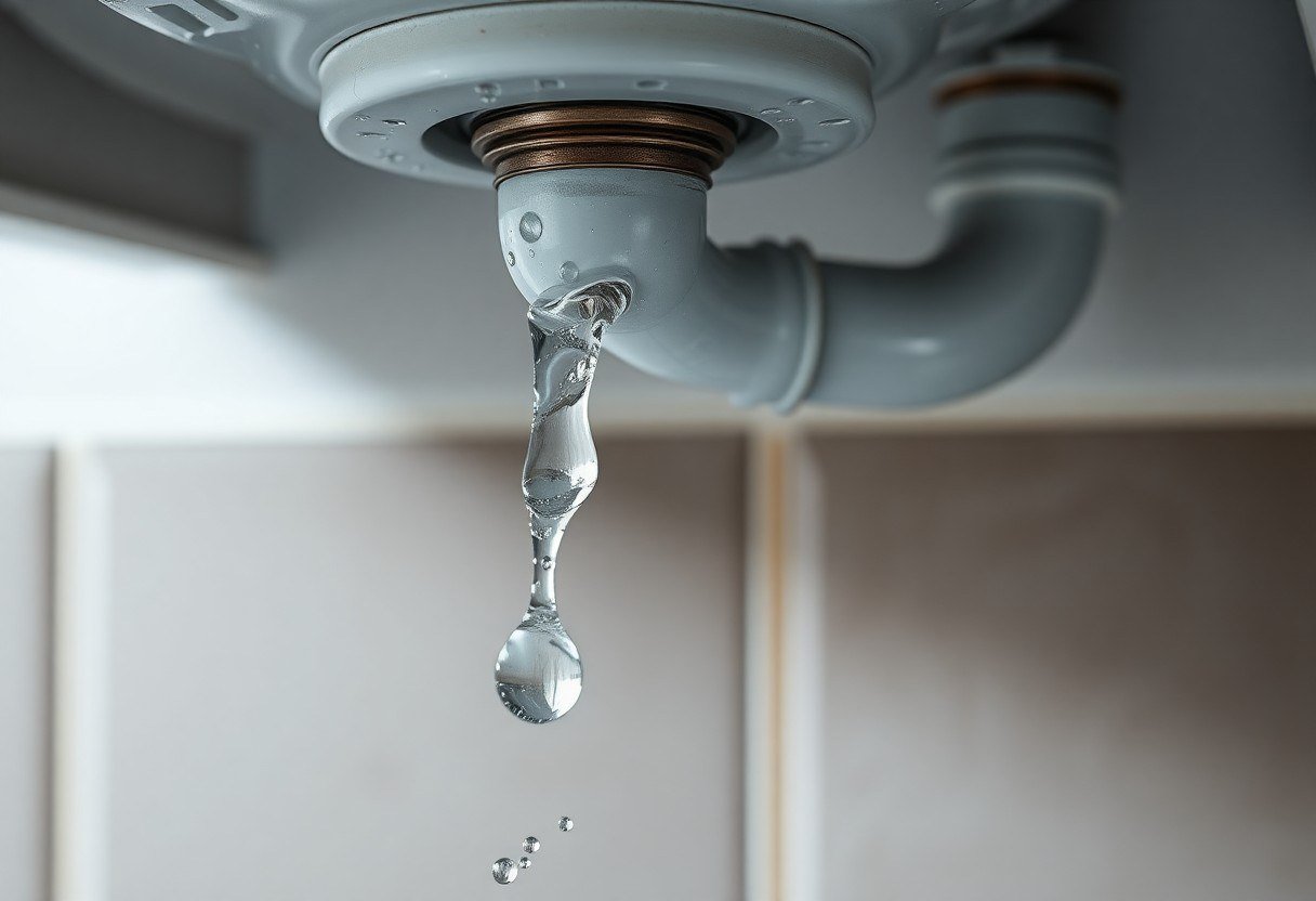 Water drops leaking from pipes under the sink
