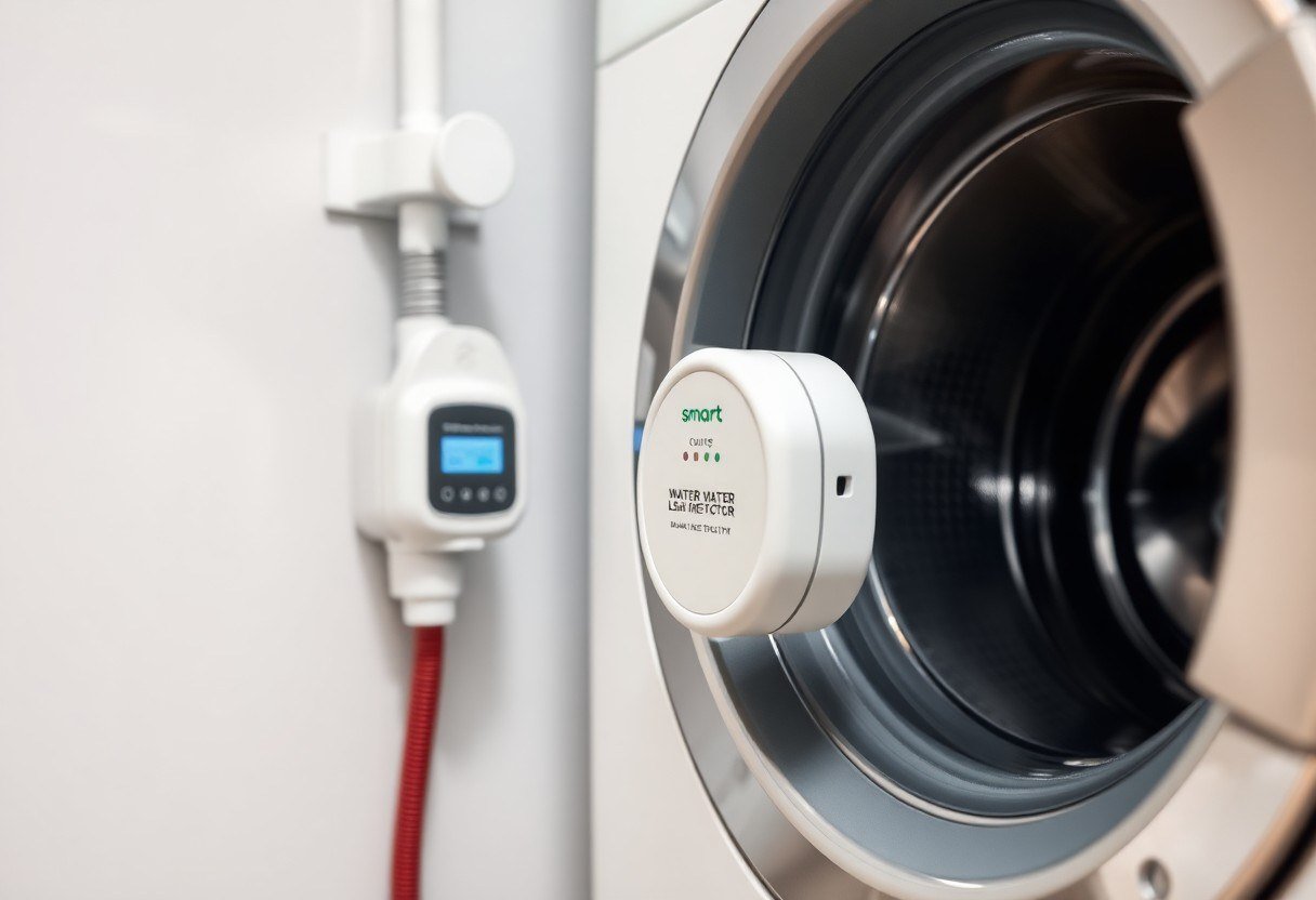 Smart water leak detector installed near a washing machine