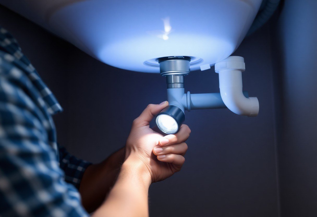 Person inspecting pipes under the sink using a flashlight
