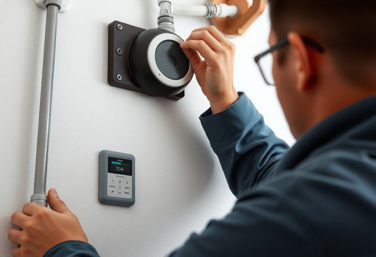 Person installing a smart water leak detection system