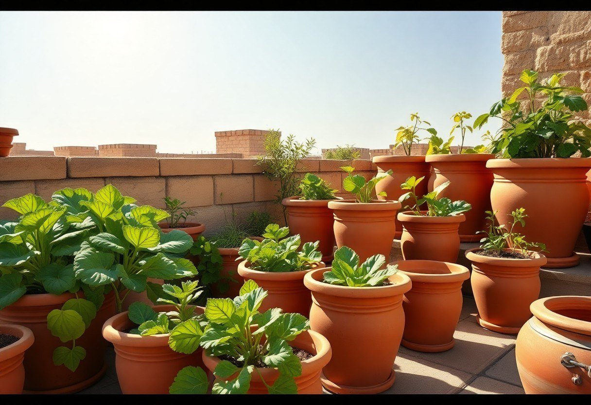 An Egyptian rooftop garden with clay pots and green plants under bright sun