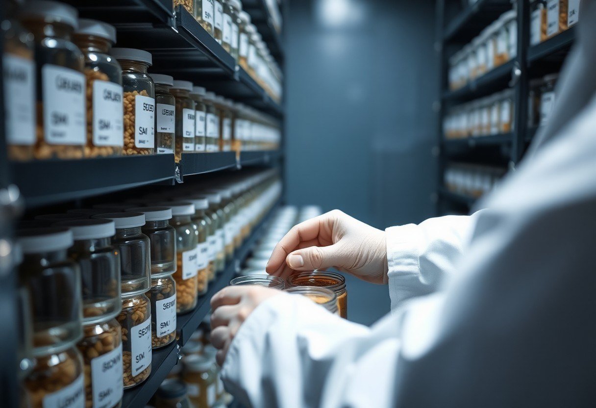 Expert hands preserving seed samples in a cold bank to conserve genetic assets