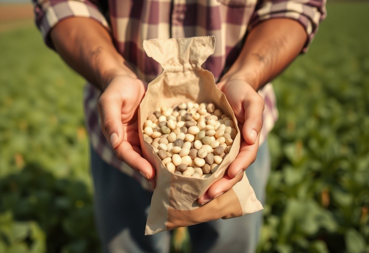 Egyptian farmer holding a small paper bag filled with local fava bean seeds
