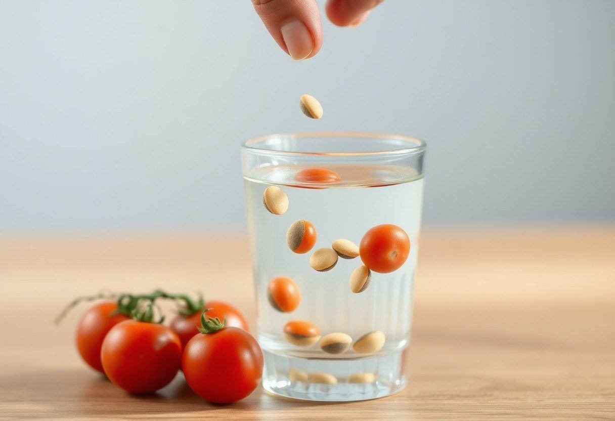Testing tomato seed viability by placing them in a cup of water