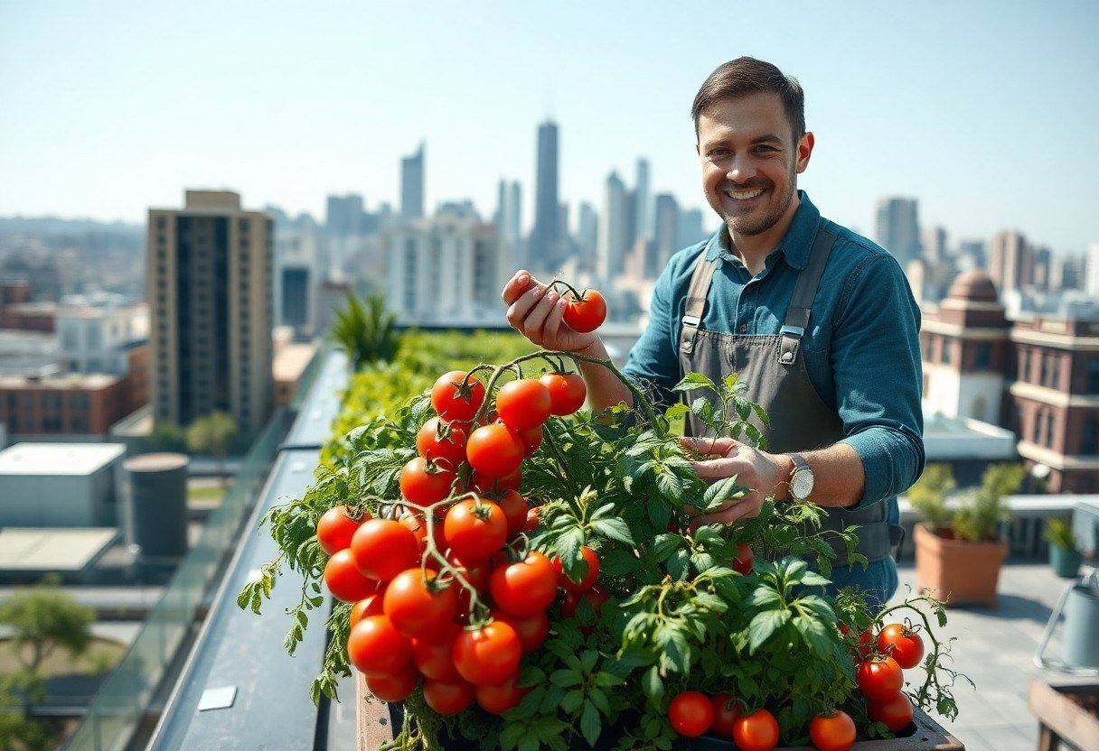 Happy rooftop gardener harvesting red tomatoes from a planter on the roof