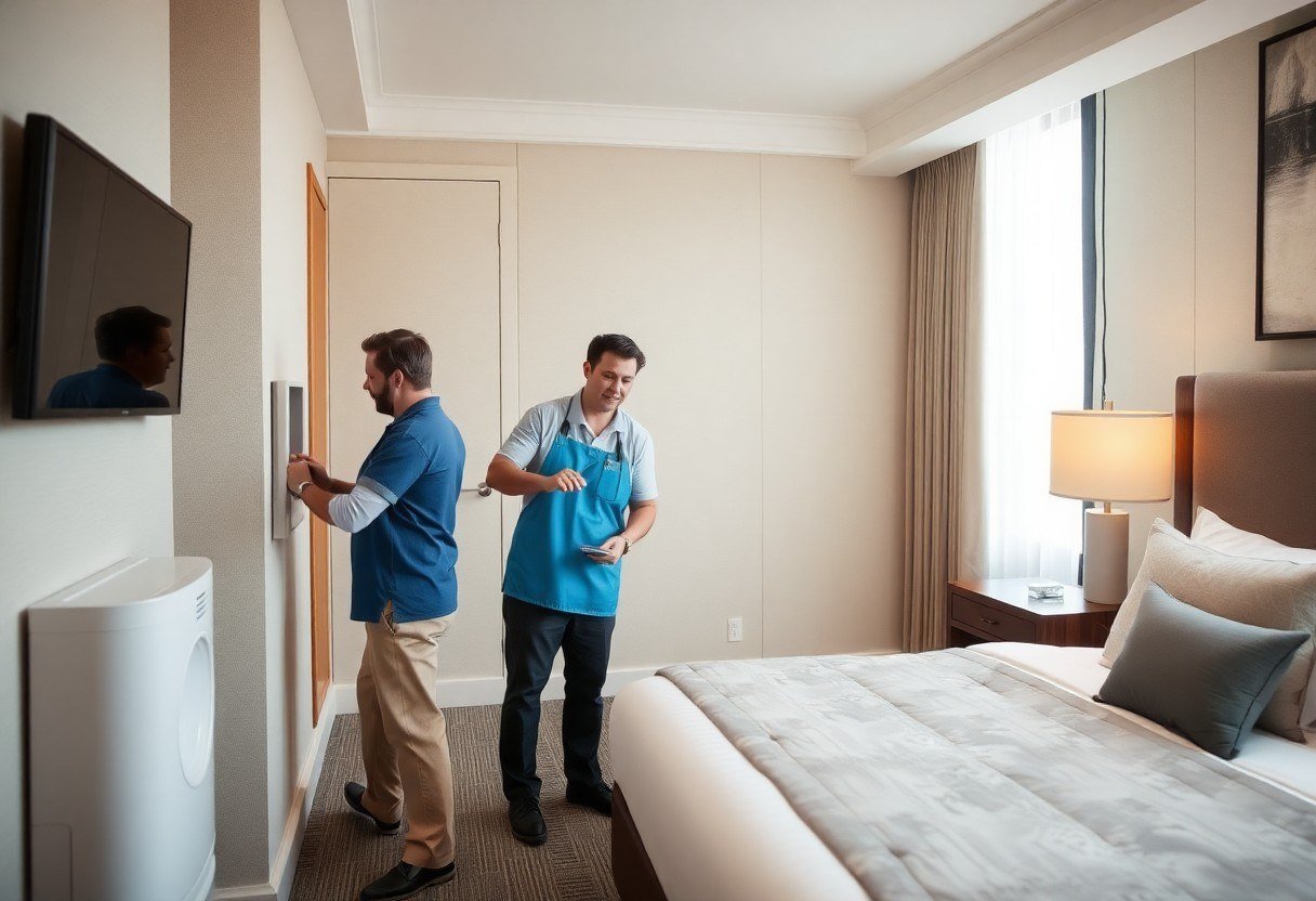 Hotel staff installing water efficiency devices in rooms