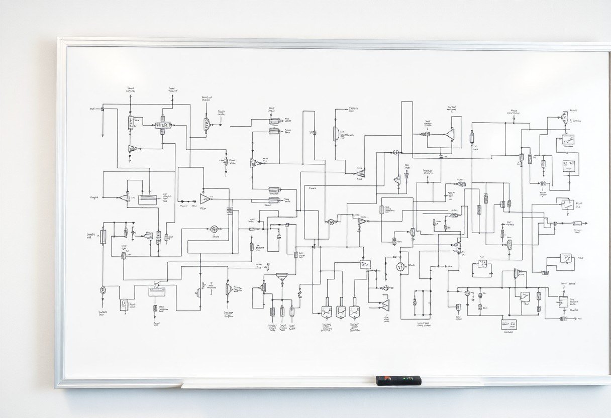 Schematic diagram of an electrical circuit on a whiteboard