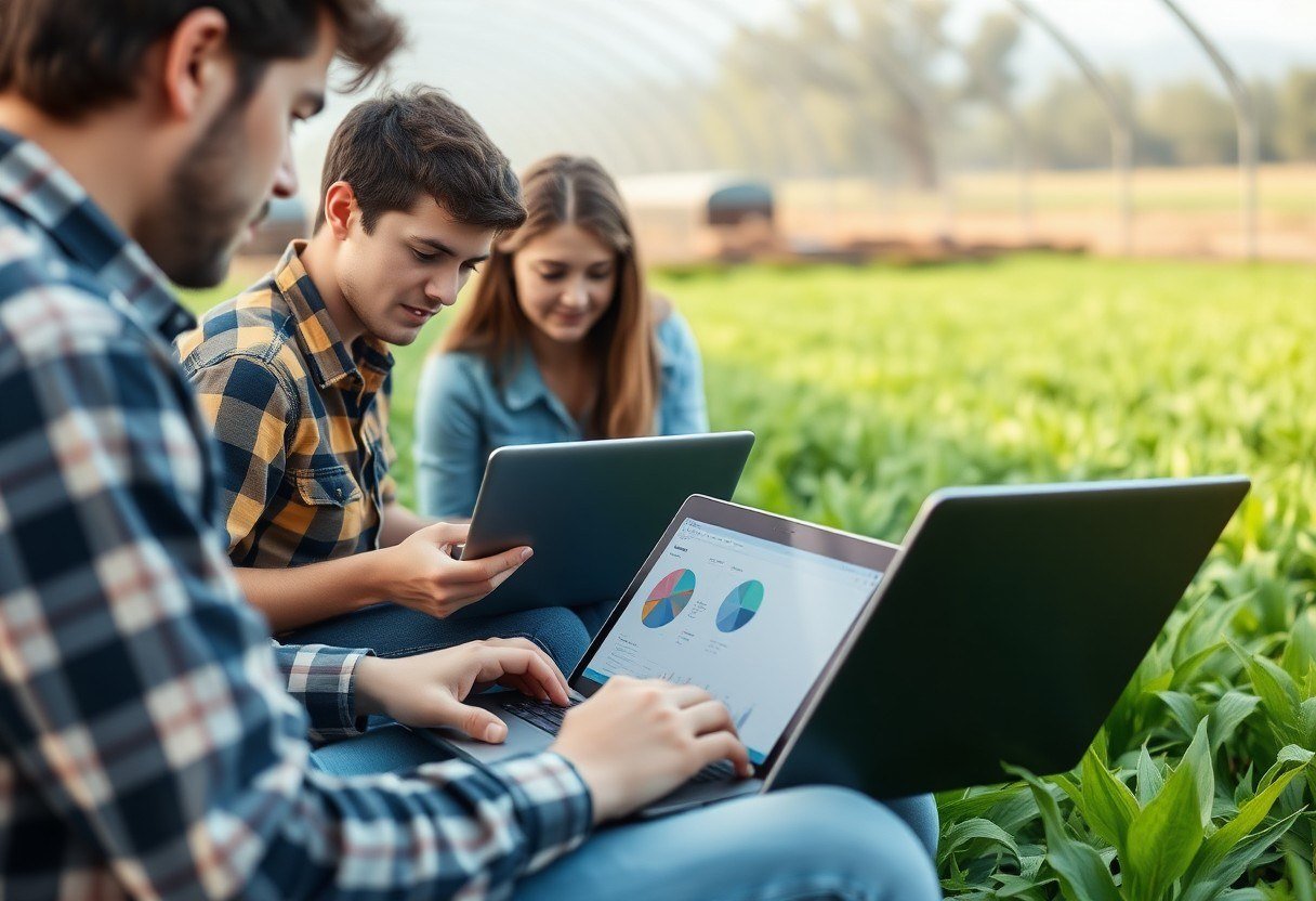 Students using laptops and software to analyze data from a farm