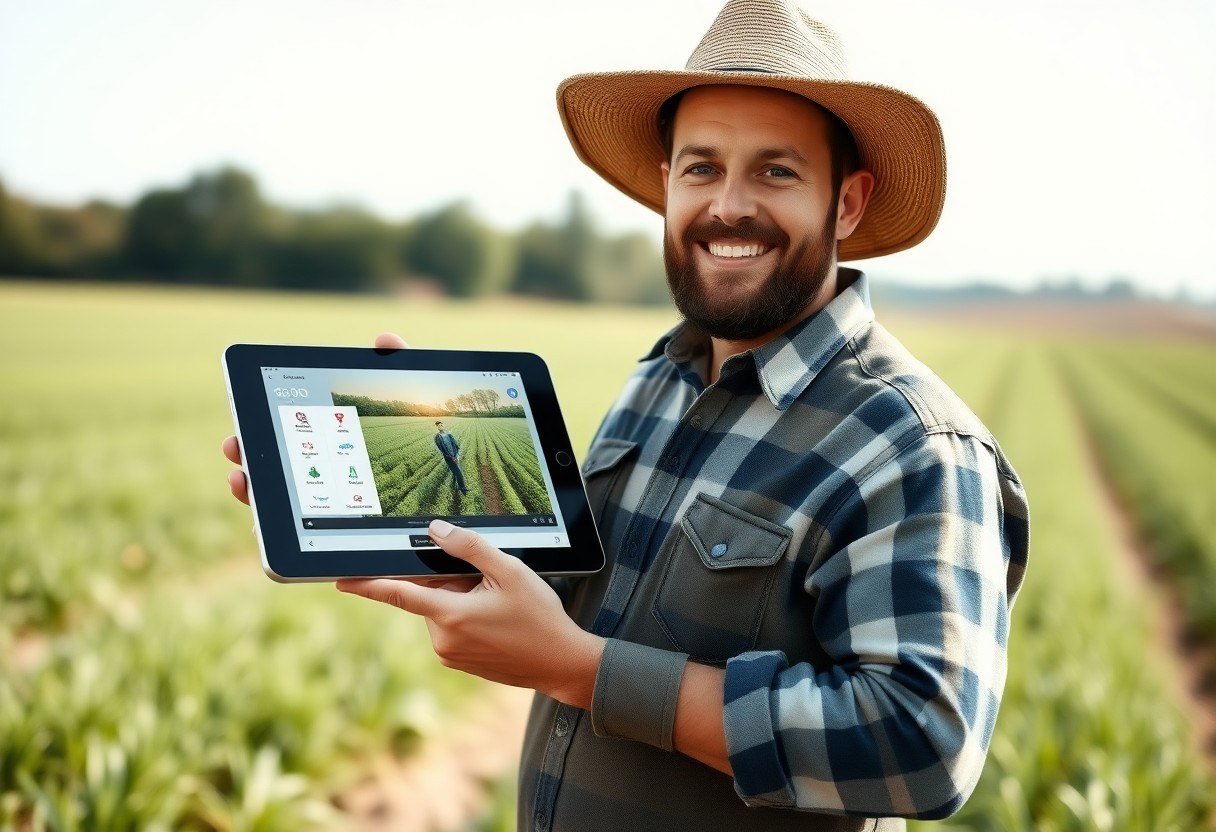 Farmer holding a tablet with an agricultural app while standing in a field