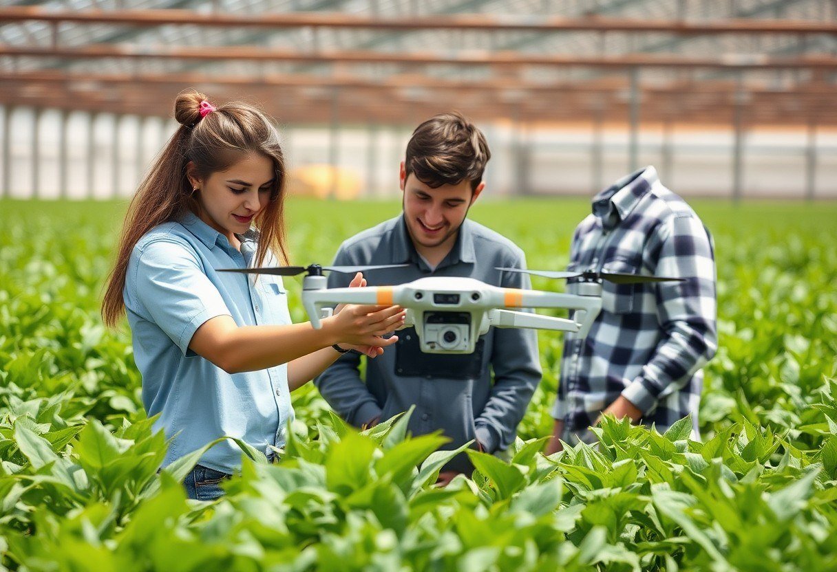 Students working on a project with a drone and sensors in a farm
