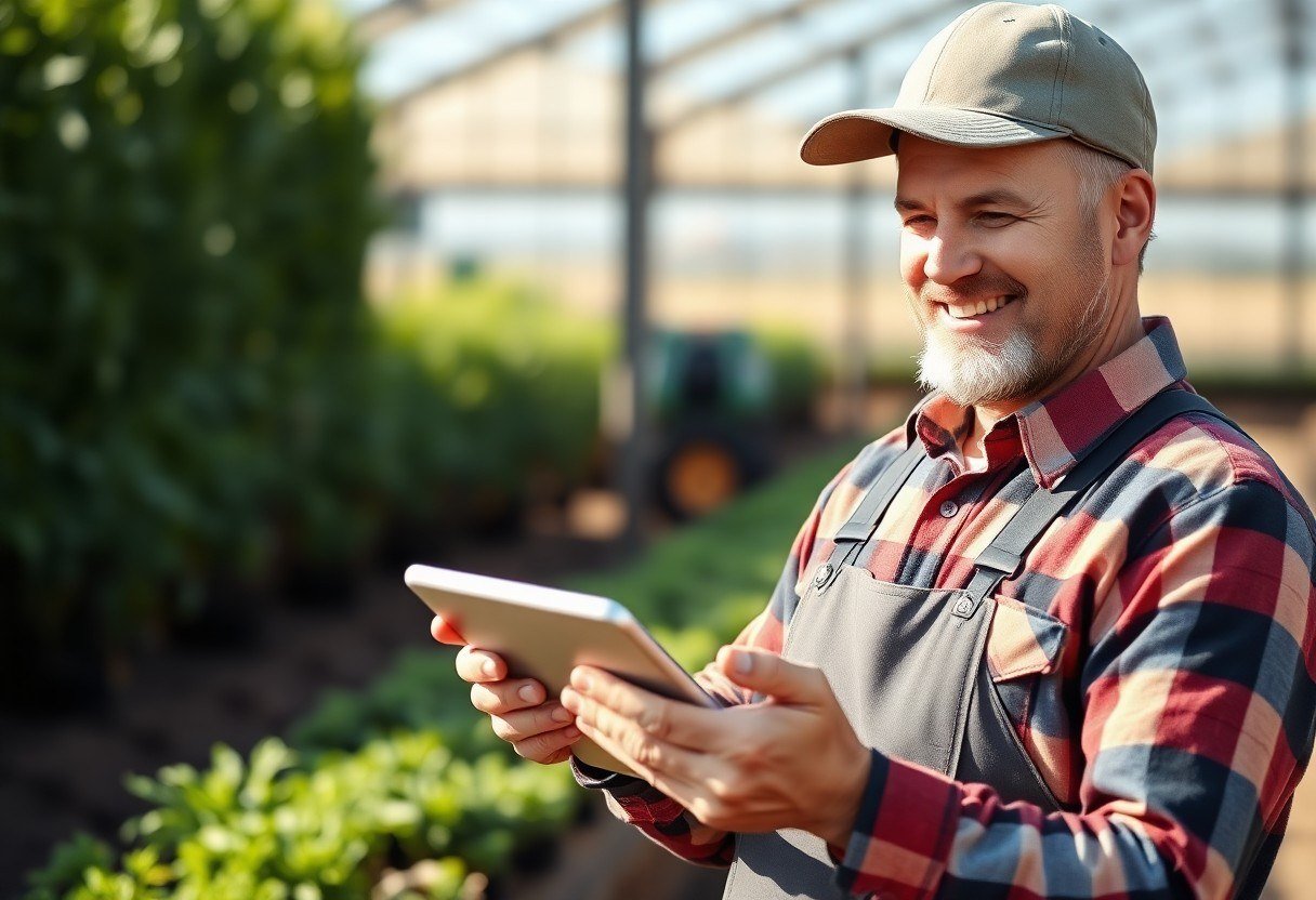 Farmer looking at a tablet with an agricultural app and staring intently
