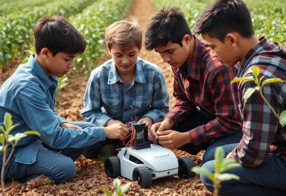 Students working on a project with a robot and sensors in a farm