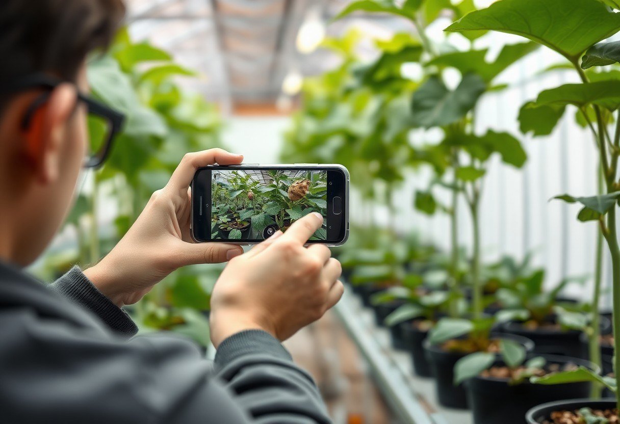 A student photographing an infected plant leaf with a phone camera in a school greenhouse