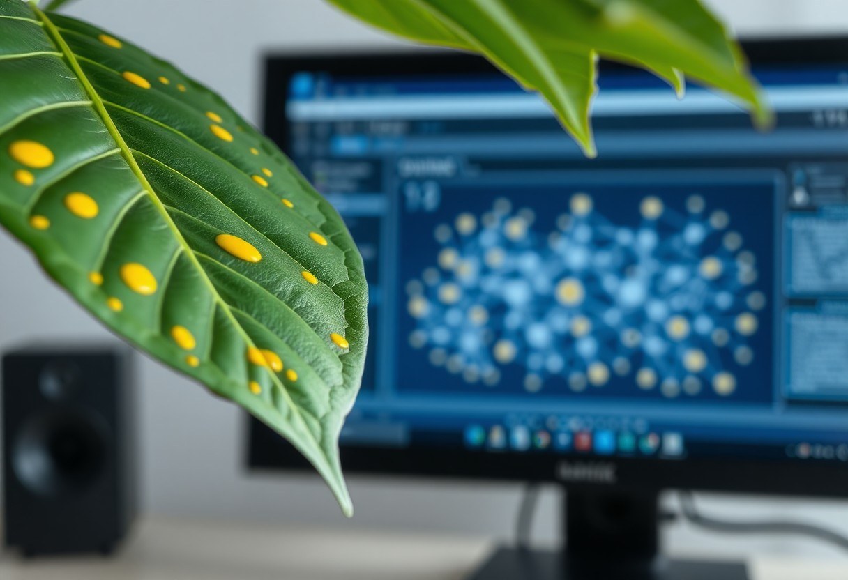 Close-up of a plant leaf infected with yellow spots next to a computer screen showing a neural network diagram