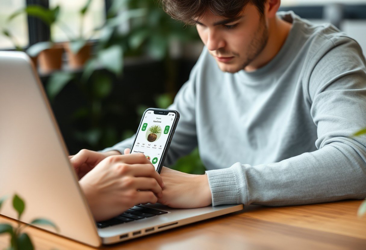 A student working on a laptop with a connected phone displaying a plant disease diagnosis app interface