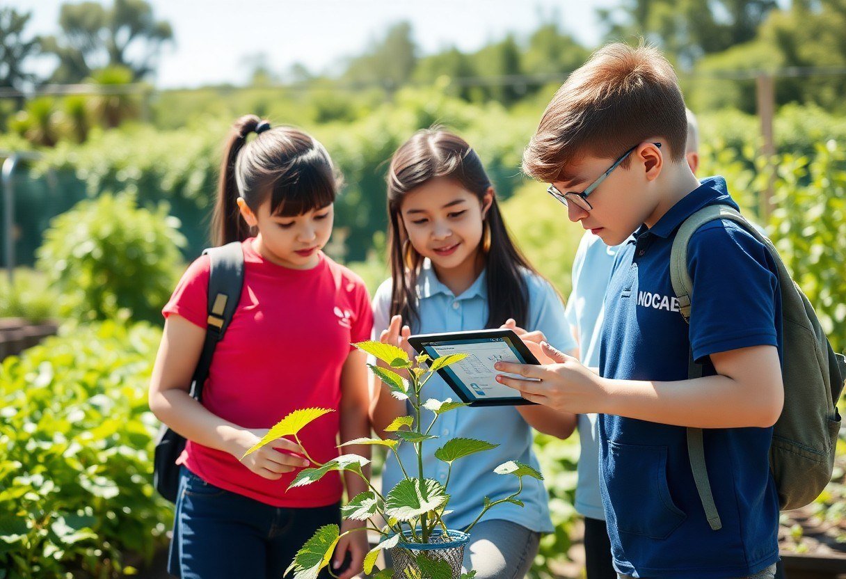 Three students examining a plant and viewing the diagnosis result on a tablet in a school garden