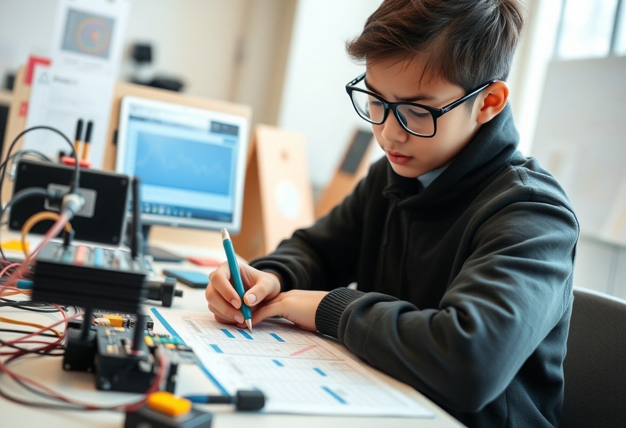Student working on a project with sensors and graphs