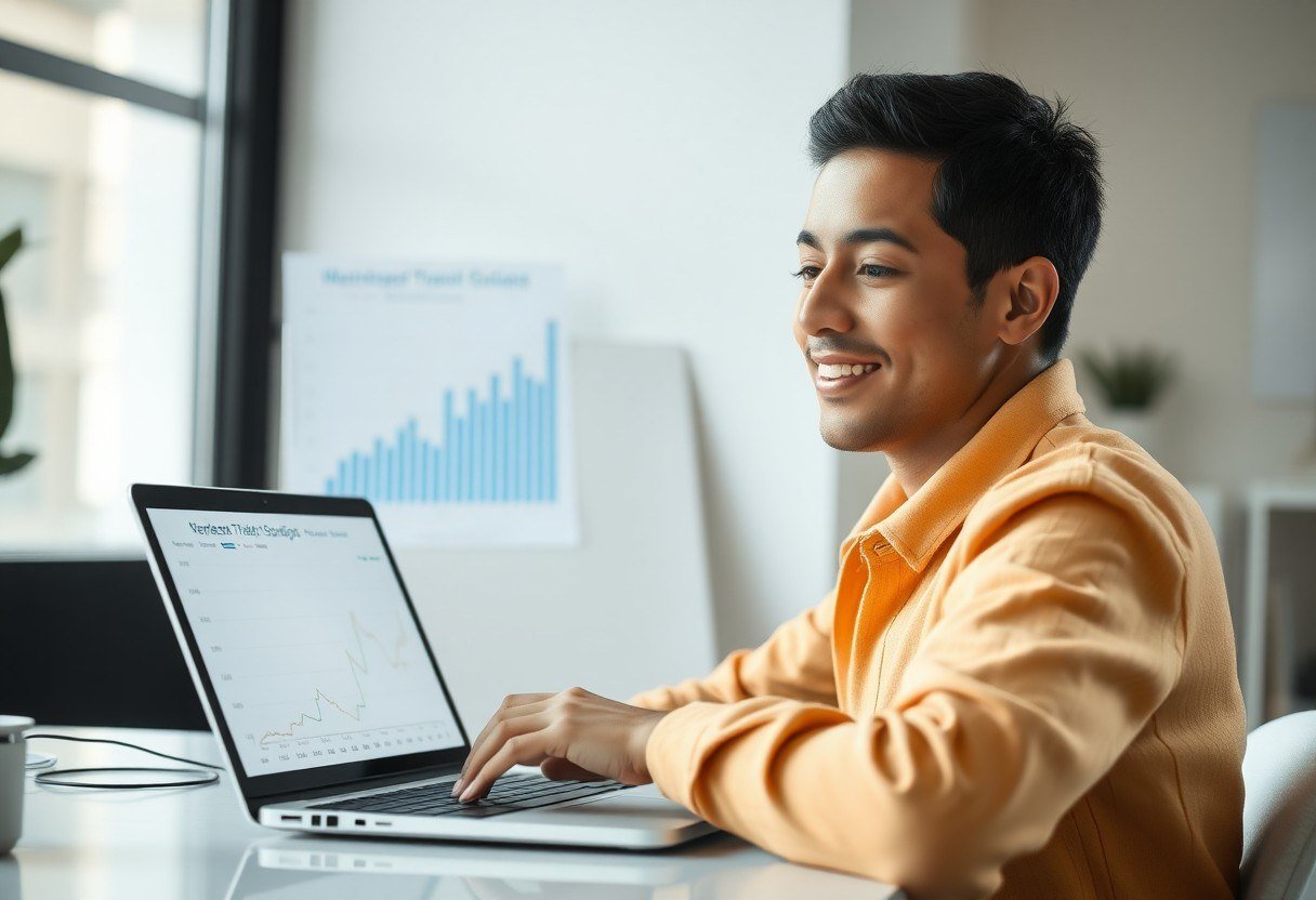 Student looking at graphs on a tablet with a satisfied expression