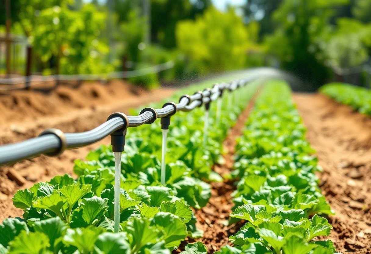 Drip irrigation pipes watering rows of vegetables in a sunny garden