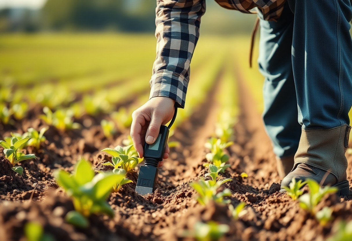 Farmer checking soil moisture with a sensor in a field