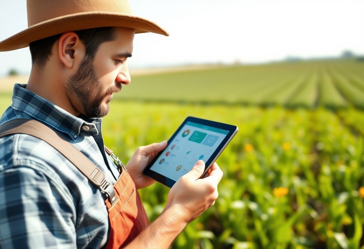 Farmer using a tablet with a smart farming app in a field