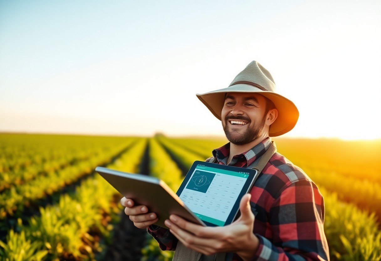 Smiling farmer holding a tablet with a smart farming app in a field