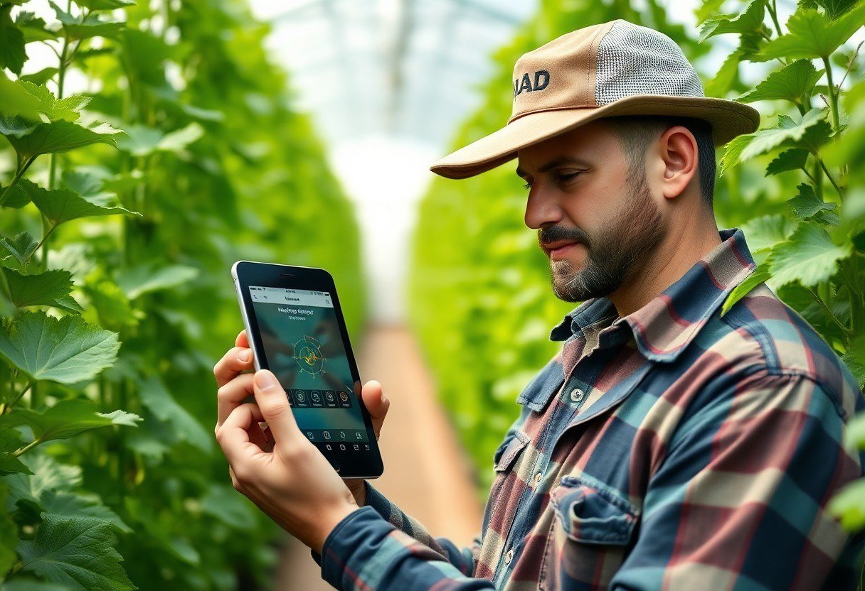 Farmer holding a tablet with a moisture sensing app
