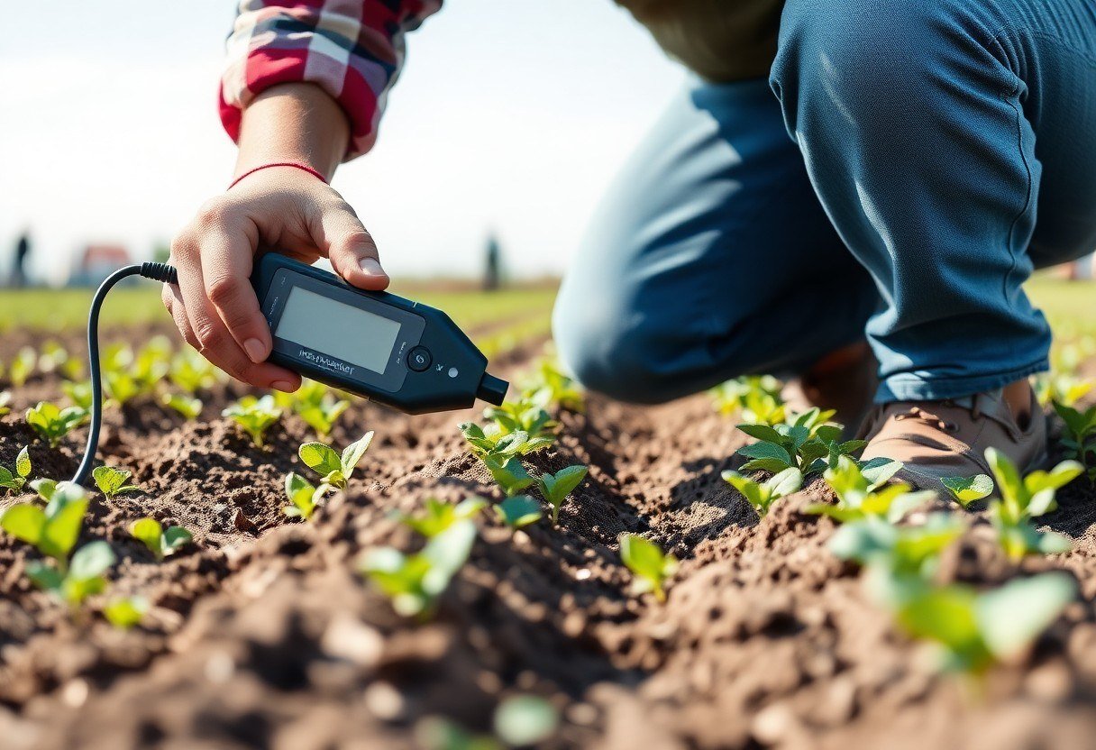 Farmer measuring soil moisture